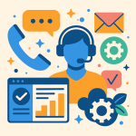 Abstract illustration representing technical support and customer service, with icons for phone calls, messages, and charts.