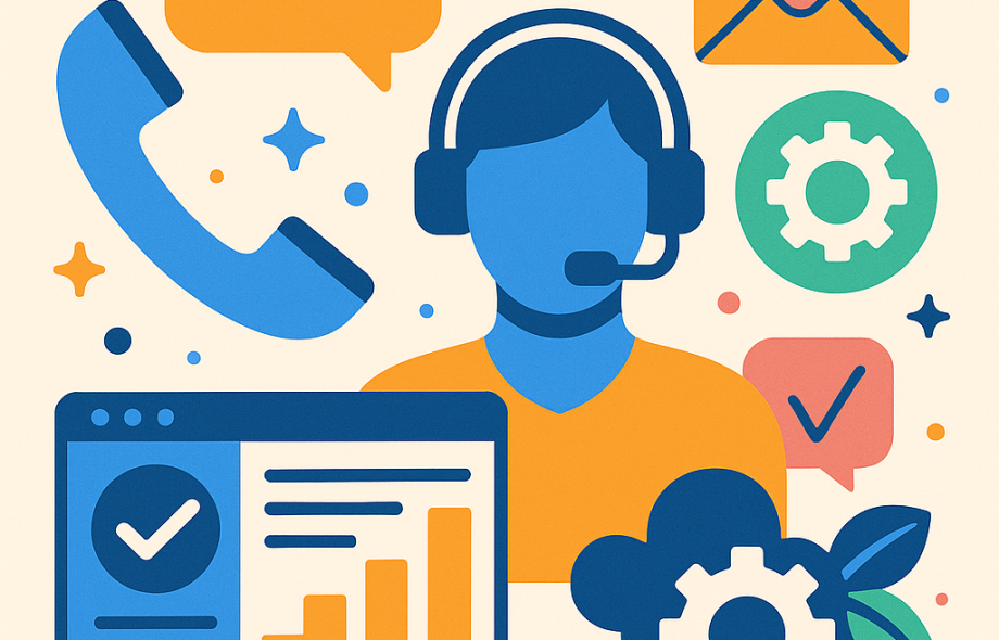 Abstract illustration representing technical support and customer service, with icons for phone calls, messages, and charts.